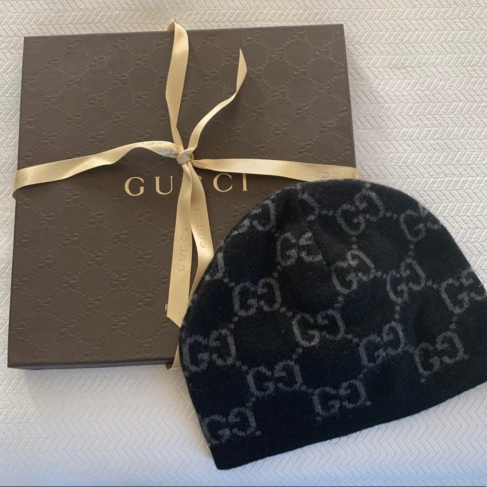 💯Authentic Gucci Ski Beanie Logo Print Black/Grey
